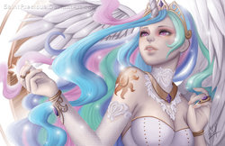 Size: 1024x663 | Tagged: safe, artist:saintprecious, princess celestia, human, g4, clothes, female, horn, horned humanization, humanized, jewelry, lace, solo, winged humanization