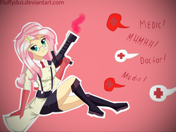 Size: 2048x1536 | Tagged: safe, artist:fluffydus, fluttershy, human, g4, crossover, fluttermedic, humanized, medic, medic (tf2), team fortress 2