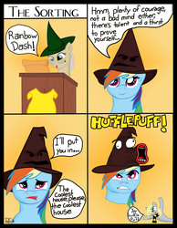 Size: 3405x4394 | Tagged: safe, artist:notadeviantbrony, derpy hooves, mayor mare, rainbow dash, pegasus, pony, g4, comic, crossover, female, harry potter (series), hat, hufflepuff, lol face, mare, sorting hat