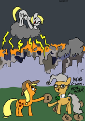 Size: 3000x4270 | Tagged: safe, artist:beaverblast, applejack, derpy hooves, mayor mare, pegasus, pony, g4, the last roundup, cloud, female, in a nutshell, mare, stylistic suck