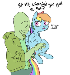Size: 1031x1116 | Tagged: dead source, safe, artist:nobody, rainbow dash, oc, oc:anon, human, pegasus, pony, g4, carrying, clothes, dialogue, duo, female, holding a pony, hoodie, human male, implied pregnancy, laughing, male, mare, open mouth, shirt, simple background, sitting, t-shirt, talking, white background