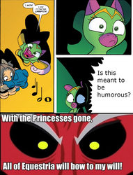 Size: 771x1010 | Tagged: safe, artist:jay fosgitt, idw, screencap, cheerilee, cloverleaf, lord tirek, friendship is magic #29, g4, my little pony: friendship is magic (idw), spoiler:comic, crossing the memes, exploitable meme, is this supposed to be humorous, meme, surprise entrance meme, tirek vs everyone meme