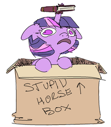 Size: 869x992 | Tagged: safe, artist:nobody, twilight sparkle, pony, g4, book, box, derp, female, floppy ears, frown, horn, horn impalement, leaning, open mouth, pony in a box, simple background, solo, stylistic suck, white background, wide eyes