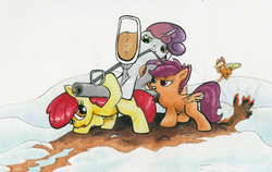 Size: 1542x977 | Tagged: safe, artist:kittyhawk-contrail, apple bloom, applejack, scootaloo, sweetie belle, g4, cutie mark crusaders, flamethrower, this will end in tears and/or death and/or covered in tree sap, traditional art, weapon