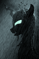 Size: 600x900 | Tagged: safe, artist:sampodre, derpibooru exclusive, queen chrysalis, changeling, changeling queen, g4, 3d, adventure in the comments, animated, cinemagraph, creepy awesome, epic, featured image, female, female focus, gif, gif party, glowing eyes, horn, open mouth, photoshop, rain, sharp teeth, silhouette, smirk, solo, visual effects of awesome, wet