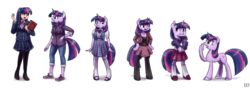 Size: 2560x899 | Tagged: safe, artist:king-kakapo, twilight sparkle, human, pony, unicorn, anthro, plantigrade anthro, semi-anthro, unguligrade anthro, g4, anthro chart, anthro ponidox, anthro with ponies, arm hooves, bipedal, book, clothes, cloven hooves, dress, frown, gasp, human anthrodox, humanized, line-up, mary janes, open mouth, pantyhose, self paradox, self ponidox, skirt, smiling, smirk, sneakers, socks, unicorn twilight, unshorn fetlocks, wide eyes, zettai ryouiki