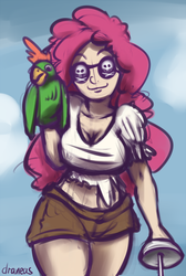 Size: 528x785 | Tagged: safe, artist:draneas, pinkie pie, human, parrot, g4, 30 minute art challenge, eyepatch, female, hand puppet, humanized, pirate, puppet, solo, sword