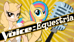 Size: 1024x579 | Tagged: safe, taralicious, oc, oc only, oc:golden gates, oc:tara strong, pegasus, pony, unicorn, babscon, babscon mascots, microphone, tara strong, voice actor