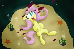 Size: 1600x1066 | Tagged: safe, artist:uwdr-64, fluttershy, fish, g4, bubble, happy, underwater, watershy