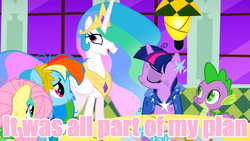 Size: 960x540 | Tagged: safe, fluttershy, princess celestia, rainbow dash, spike, twilight sparkle, g4, caption, image macro, just as planned, meme, pink text, trollestia