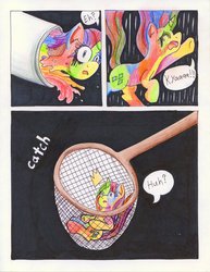 Size: 785x1017 | Tagged: safe, artist:the1king, rarity, comic:fluttershy and the rainbow factory, fanfic:rainbow factory, g4, catch, comic, makeup, net, parody, roald dahl, running makeup, screaming, traditional art, wet, wet mane, wet mane rarity, willy wonka and the chocolate factory