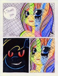 Size: 785x1017 | Tagged: safe, artist:the1king, rarity, oc, oc:bronydanceparty, comic:fluttershy and the rainbow factory, fanfic:rainbow factory, g4, comic, images that precede unfortunate events, makeup, net, parody, roald dahl, running makeup, this will end in death, this will end in murder, this will end in pain, this will end in pain and/or death, traditional art, wet, wet mane, wet mane rarity, willy wonka and the chocolate factory