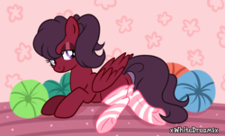 Size: 3413x2068 | Tagged: safe, artist:xwhitedreamsx, oc, oc only, pony, clothes, female, high res, mare, smiling, socks, solo, striped socks, underhoof