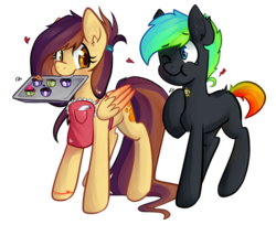 Size: 990x807 | Tagged: safe, artist:goshhhh, oc, oc only, oc:glitch, oc:lessi, pony, apron, clothes, cupcake, duo, glessi, heart, shipping, simple background, transparent background
