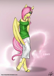 Size: 500x700 | Tagged: safe, artist:calyartist, fluttershy, anthro, g4, clothes, female, off shoulder, shy, skinny, solo, sweatershy, thin