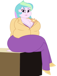 Size: 1188x1576 | Tagged: safe, artist:shitigal-artust, princess celestia, principal celestia, equestria girls, g4, bbw, belly, big breasts, breasts, busty princess celestia, chubbylestia, cleavage, desk, fat, female, obese, principal chubbylestia, simple background, solo, thick, thighs, thunder thighs, transparent background, vector, wide hips