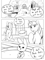 Size: 750x1000 | Tagged: safe, artist:freckles, angel bunny, fluttershy, twilight sparkle, comic:fluffing up, g4, comic, monochrome