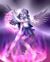 Size: 1300x1620 | Tagged: safe, artist:loure201, twilight sparkle, anthro, g4, clothes, female, school uniform, solo, super saiyan princess, twilight sparkle (alicorn)