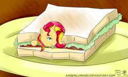 Size: 1600x967 | Tagged: safe, artist:vanillafox2035, sunset shimmer, pony, unicorn, g4, female, micro, ponies in food, sandwich, solo, sunset shimmer dressing up as food, tiny ponies