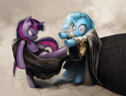 Size: 700x538 | Tagged: safe, artist:miszasta, trixie, twilight sparkle, pony, unicorn, semi-anthro, g4, 300, bipedal, bottomless pit, cloak, clothes, duckface, female, frown, glare, gritted teeth, imminent death, kicking, mare, murder, parody, scene parody, this is sparta, watermark, wide eyes