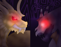 Size: 1126x855 | Tagged: safe, artist:faith-wolff, kaiju, fanfic:the bridge, crossover, drool, duo, glowing eyes, godzilla (series), kaizer ghidorah, king ghidorah, monster, monster x, rage, red eyes