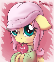Size: 1400x1600 | Tagged: safe, artist:bugplayer, fluttershy, pegasus, pony, g4, beanie, blushing, bugplayer is trying to murder us, clothes, cute, female, hat, heart, mare, shyabetes, solo, sweater, sweatershy, thank you