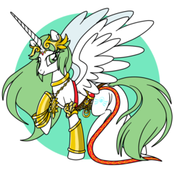 Size: 800x800 | Tagged: safe, artist:perfectpinkwater, alicorn, pony, alicornified, clothes, crossover, crown, cutie mark, dress, female, goddess, goddess of light, jewelry, kid icarus, kid icarus: uprising, mare, necklace, nintendo, palutena, ponified, race swap, raised hoof, regalia, solo, spread wings, super smash bros., wings