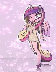 Size: 1280x1656 | Tagged: safe, artist:flutterluv, princess cadance, anthro, g4, :p, ambiguous facial structure, clothes, female, solo, sweater, tongue out, wink