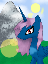 Size: 768x1024 | Tagged: safe, oc, oc only, alicorn, pony, alicorn oc, female, hill, horn, lens flare, mountain, sky, solo, sun, wings