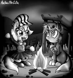 Size: 1700x1808 | Tagged: safe, artist:anibaruthecat, oc, oc only, oc:eissen, fallout equestria, campfire, grayscale, monochrome, steampunk