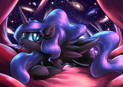 Size: 2046x1447 | Tagged: dead source, safe, artist:lovelyneckbeard, nightmare moon, alicorn, pony, g4, bed, chest fluff, cute, ear fluff, female, fluffy, looking at you, mare, missing accessory, open mouth, prone, solo, stars