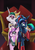 Size: 1447x2046 | Tagged: dead source, safe, artist:lovelyneckbeard, idw, princess cadance, princess celestia, princess luna, alicorn, pony, g4, reflections, spoiler:comic, bedroom eyes, commission, dark mirror universe, evil cadance, evil celestia, evil counterpart, evil luna, evil smile, eyeshadow, female, grin, looking at you, makeup, mare, mirror universe, raised hoof, smiling, trio, trio female