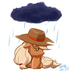 Size: 596x596 | Tagged: safe, artist:day, applejack, g4, cute, female, pixiv, raincloud, sad, sadorable, solo