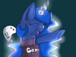 Size: 3900x2900 | Tagged: safe, artist:paperdakku, princess luna, gamer luna, g4, clothes, female, high res, magic, solo, t-shirt, telekinesis, wink