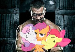 Size: 1000x703 | Tagged: safe, edit, apple bloom, scootaloo, sweetie belle, g4, crossover, cutie mark crusaders, poster, pro wrestling, randy orton, wwe