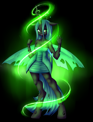 Size: 1900x2500 | Tagged: safe, artist:pellsya, queen chrysalis, changeling, changeling queen, anthro, unguligrade anthro, g4, crown, female, jewelry, magic, regalia, smiling, solo