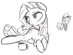 Size: 525x395 | Tagged: safe, artist:inlucidreverie, rarity, sweetie belle, g4, lying down, monochrome, prone, sketch, tea