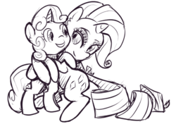 Size: 621x437 | Tagged: safe, artist:inlucidreverie, rarity, sweetie belle, pony, unicorn, g4, cuddling, female, hug, lineart, monochrome, sibling love, siblings, sisterly love, sisters, sketch, snuggling