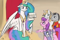 Size: 1280x853 | Tagged: safe, artist:silfoe, prince blueblood, princess celestia, royal sketchbook, g4, floppy ears, magic, spread wings, telekinesis, throne