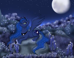 Size: 750x593 | Tagged: safe, artist:felina-mei, princess luna, alicorn, pony, g4, female, lying down, mare, moon, night, prone, solo