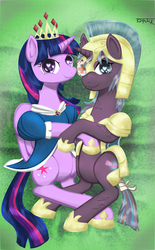 Size: 2600x4200 | Tagged: safe, artist:tentajack, twilight sparkle, oc, oc:whispen, alicorn, pony, g4, armor, body pillow, body pillow design, clothes, crown, cyoa:royal guard survival, dress, duo, duo female, eyepatch, female, guardsmare, heart eyes, looking at you, mare, royal guard, twilight sparkle (alicorn), wingding eyes