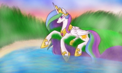 Size: 800x480 | Tagged: safe, artist:spyrica, princess celestia, g4, female, grass, prone, solo, water