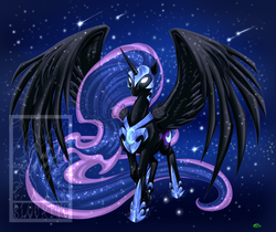 Size: 2670x2246 | Tagged: safe, artist:sky-railroad, nightmare moon, g4, female, glowing eyes, high res, large wings, obtrusive watermark, shooting star, solo, spread wings, watermark