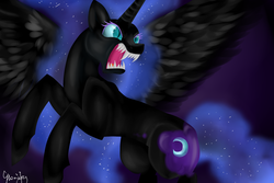 Size: 1500x1000 | Tagged: safe, artist:gloriajoy, nightmare moon, alicorn, pony, g4, female, growling, open mouth, rearing, sharp teeth, solo, spread wings