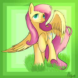 Size: 2000x2000 | Tagged: safe, artist:klarapl, fluttershy, pegasus, pony, g4, female, grass, high res, looking at you, raised hoof, solo, spread wings, standing, turned head, wings