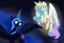 Size: 1500x1000 | Tagged: safe, artist:gloriajoy, nightmare moon, princess celestia, g4, confrontation, flying, gritted teeth, magic, spread wings