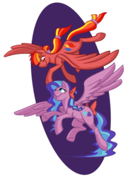 Size: 676x936 | Tagged: safe, artist:otakugal15, feathermay, flitterheart, pegasus, pony, g4, bow, duo, female, flying, mare, simple background, spread wings, tail bow, transparent background, wings