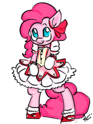 Size: 1500x2000 | Tagged: source needed, safe, artist:kinkiepinkiepie, pinkie pie, earth pony, pony, g4, bipedal, clothes, cosplay, cute, diapinkes, dress, female, looking at you, madoka, no pupils, simple background, smiling, solo, standing, transparent background