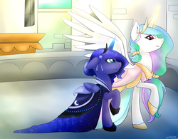 Size: 1600x1250 | Tagged: safe, artist:gracefulcodfishart, princess celestia, princess luna, g4, clothes, dress, floppy ears, raised hoof, spread wings