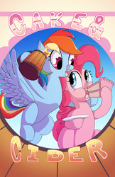 Size: 1024x1583 | Tagged: safe, artist:princrim, pinkie pie, rainbow dash, earth pony, pegasus, pony, g4, cake, cider, cider mug, duo, looking at each other, mug, plate